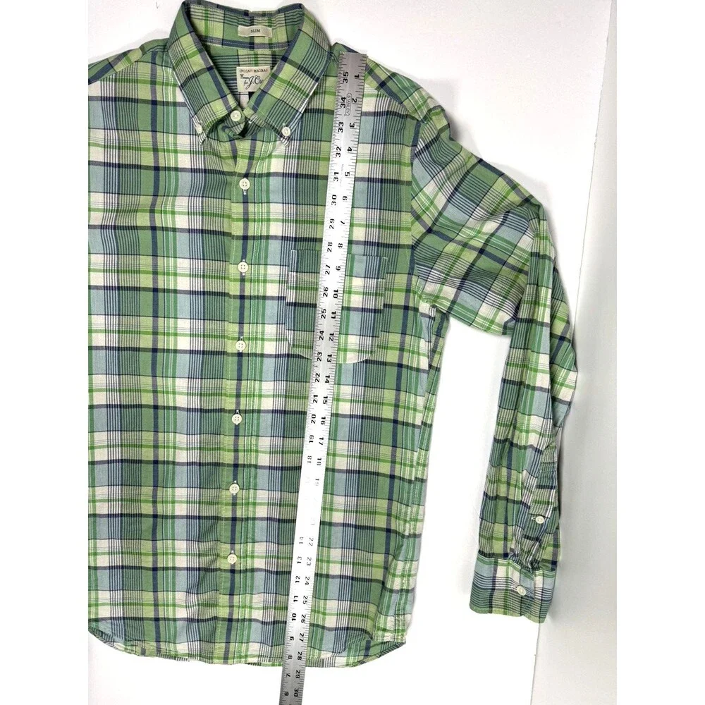 J‎ Crew Indian Madras Shirt Mens Small Green Plaid Slim Fit Cotton Button Front